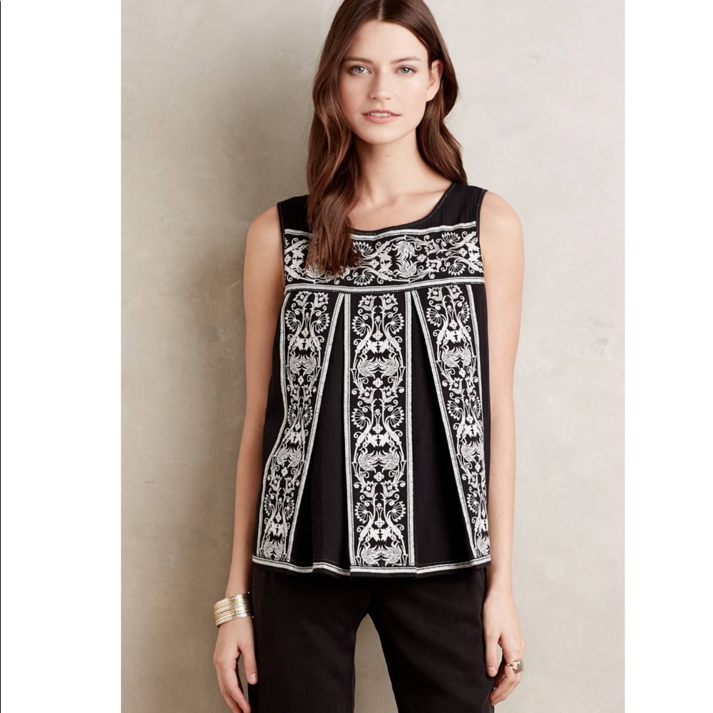 ANTHROPOLOGIE: Black/White Embroidered Tank